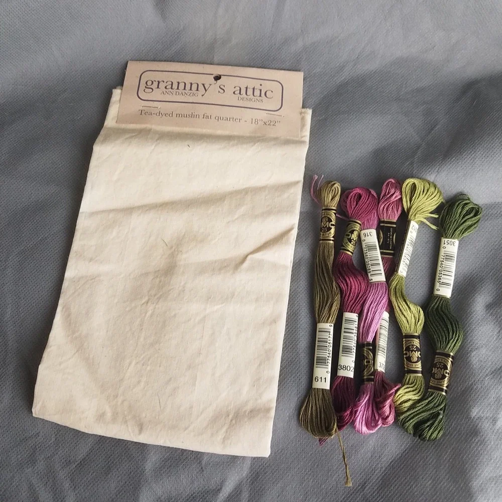 Granny's Attic Love Is Spoken Here Cross Stitch Kit Tea Dyed‎ Muslin Fat Quarter